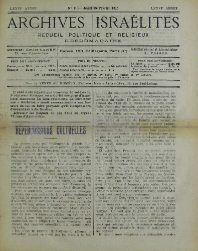 Archives israélites de France. Vol.76 N°08 (25 févr. 1915)